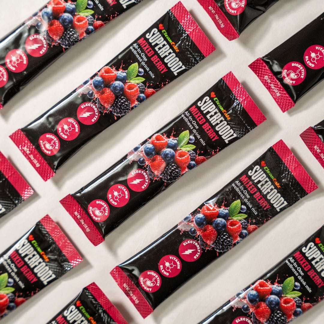 Superfood mixed berry packs arranged in a grid on a white background