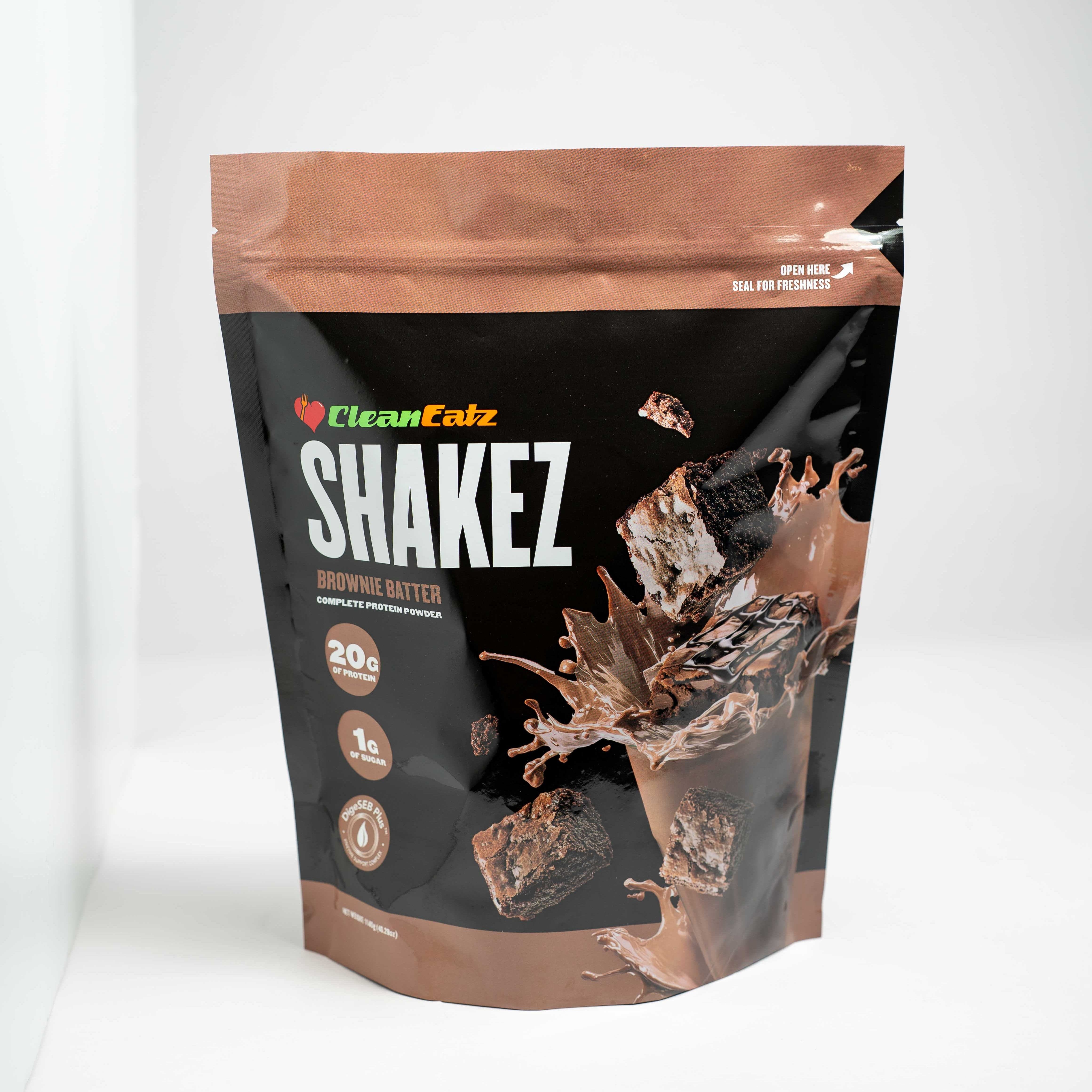 Clean Eatz Shakez Brownie Batter protein powder package on a white background