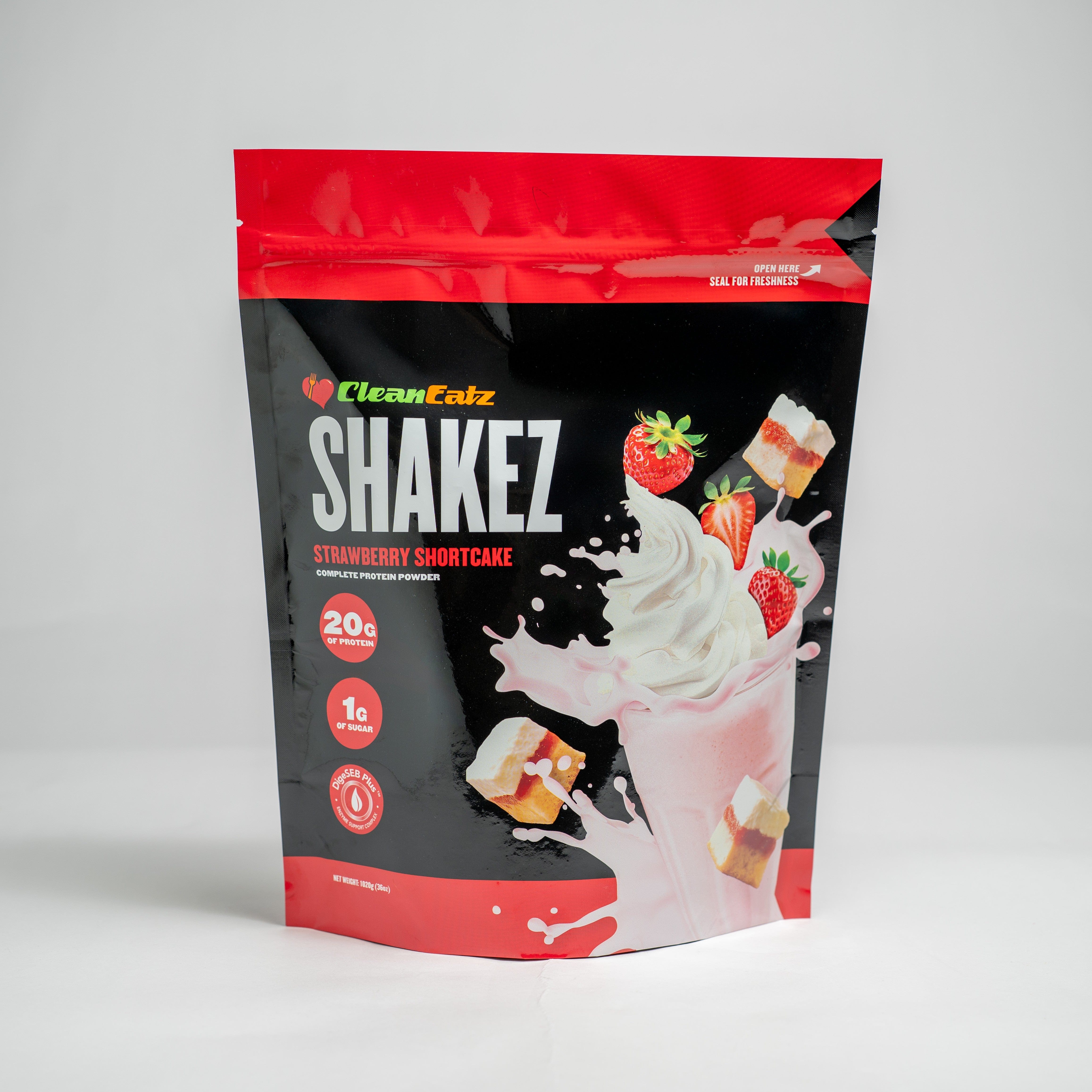 Clean Eatz Shakez Strawberry Shortcake protein powder package on a white background