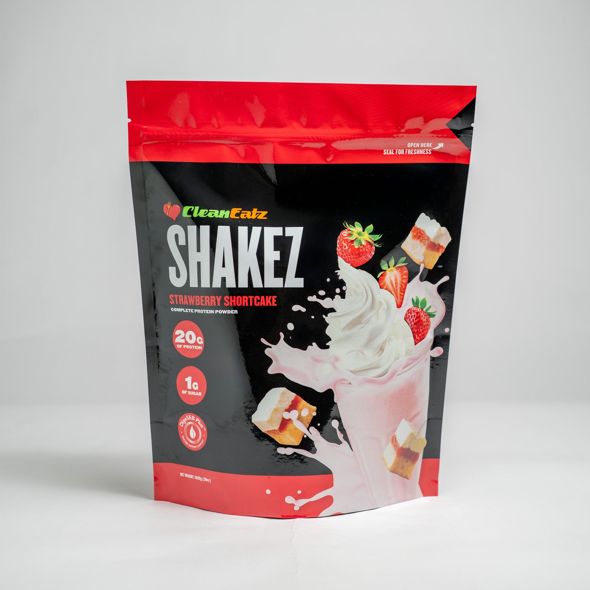 Clean Eatz Shakez Strawberry Shortcake protein powder package on a white background