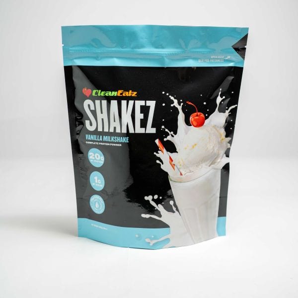 Clean Eatz Shakez Vanilla Milkshake protein powder package on a white background