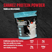 Clean Eatz Shakez Protein Powder package for vanilla milkshake flavor on a dark background