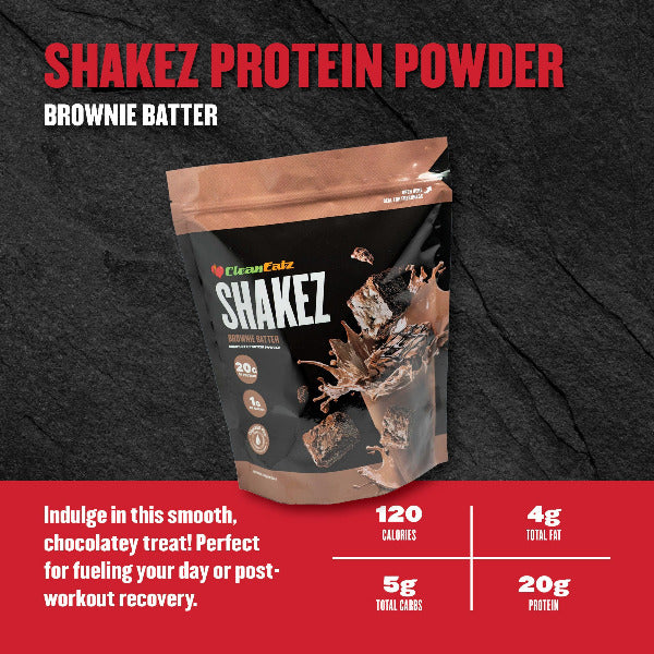 Clean Eatz Shakez Protein Powder Brownie Batter package on a dark background with nutritional information displayed.