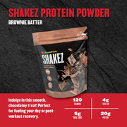 Clean Eatz Shakez Protein Powder Brownie Batter package on a dark background with nutritional information displayed.