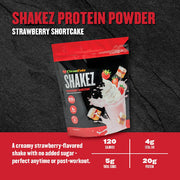 Clean Eatz Shakez Protein Powder Strawberry Shortcake package on a dark background