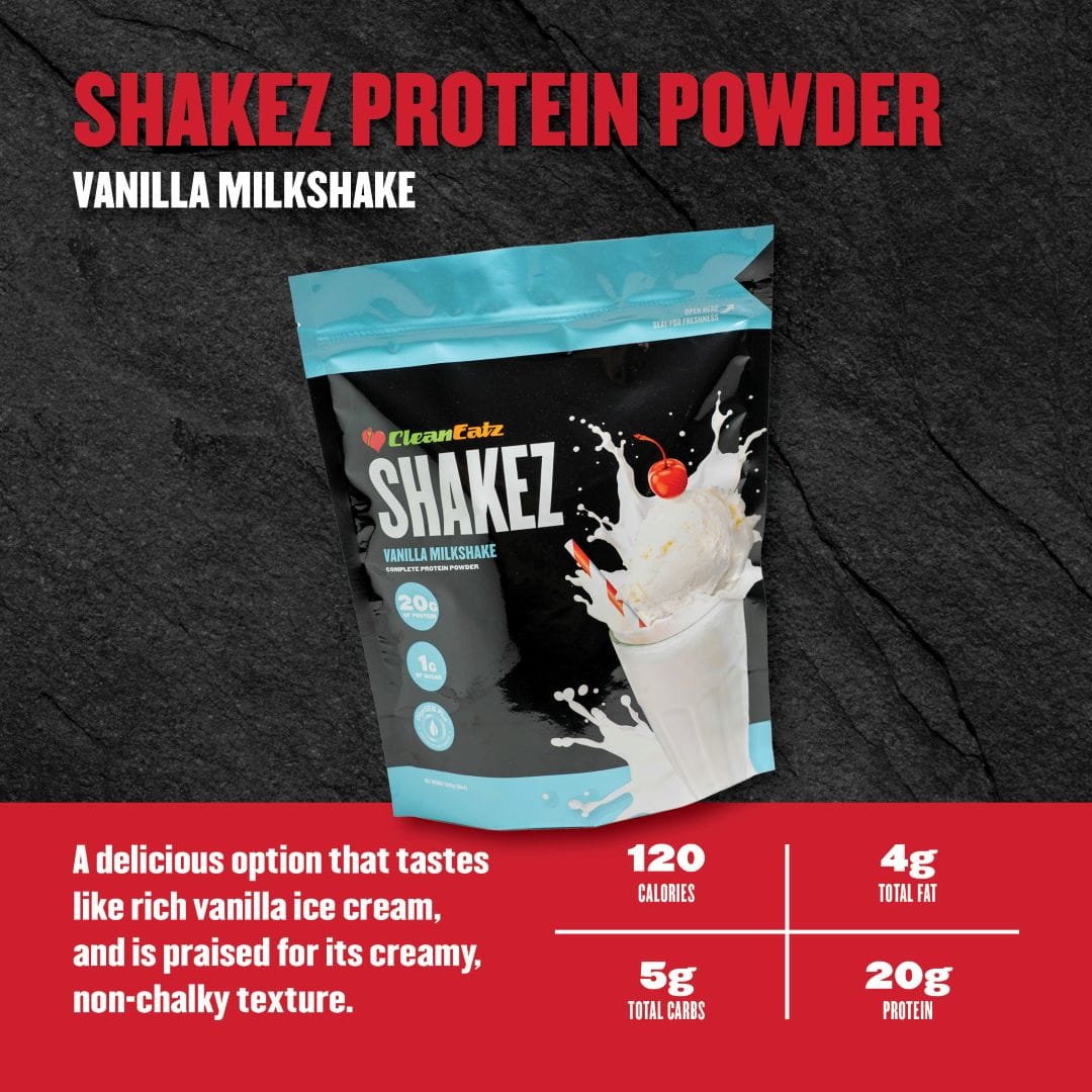 Shakez Protein Powder package for vanilla milkshake flavor on a dark background
