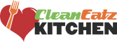 Logo of CleanEatz Kitchen with a heart, fork, and text on a green background